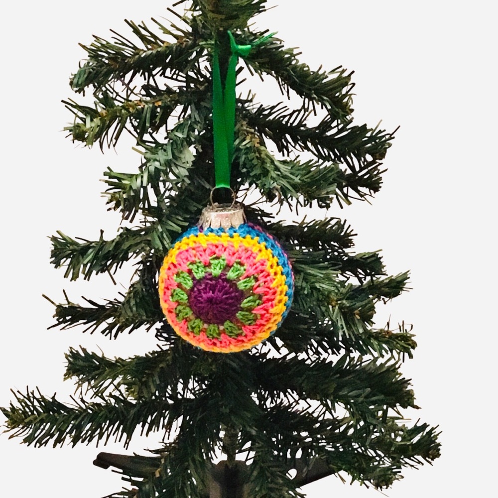 🆕 Granny Square Ornament Ball Vibrant Coloful Holiday Decor Handcrafted Crochet